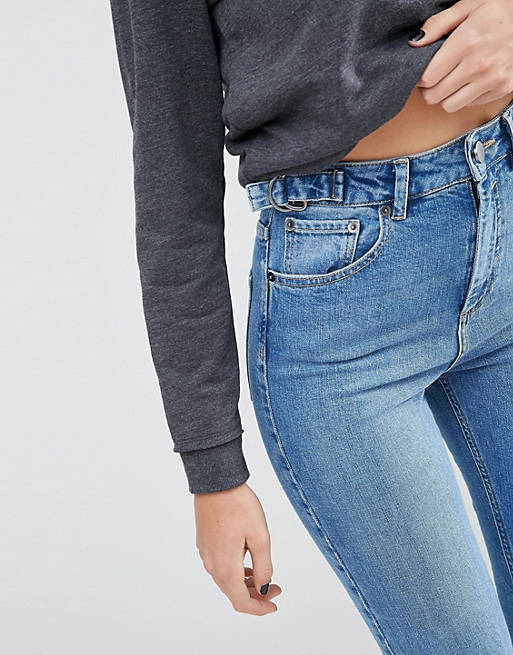ASOS FARLEIGH Slim Mom Jeans In Jecca Pretty Midwash with Side Tabs and Stepped Hem