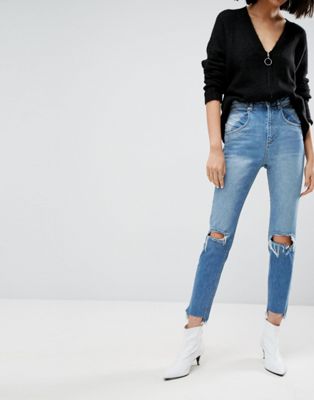 ASOS FARLEIGH - Smalle mom jeans met hoge taille en jaren '80 siernaden in middenblauwe wassing