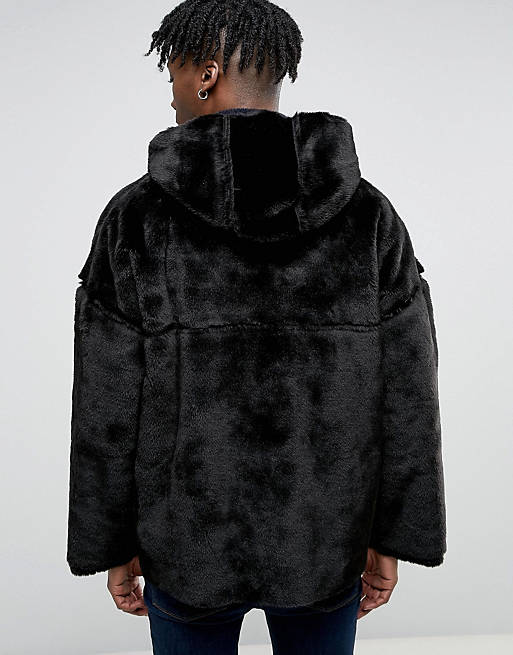 Asos Faux Fur Hooded Reversible Jacket, Reversible Faux Fur Hooded Coat In Black