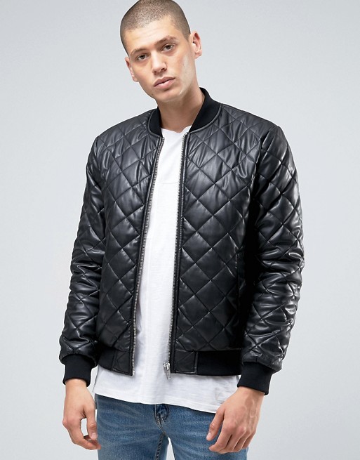 ASOS Faux Leather Quilted Bomber Jacket In Black | ASOS
