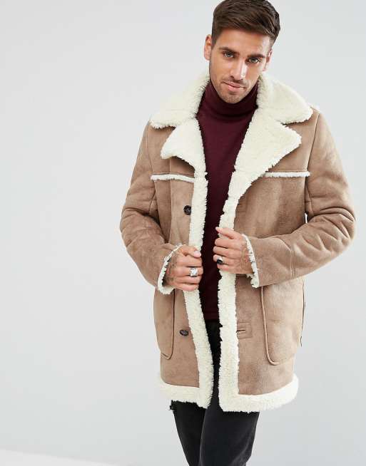 ASOS Faux Shearling Coat In Camel