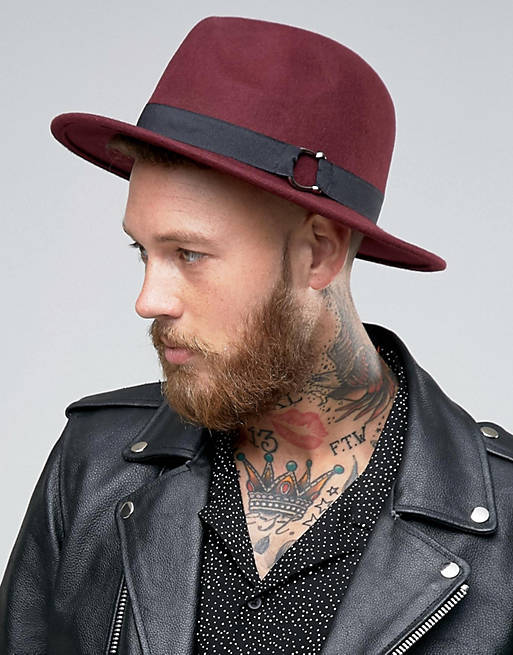 ASOS Fedora Hat In Burgundy With Horse Shoe Buckle