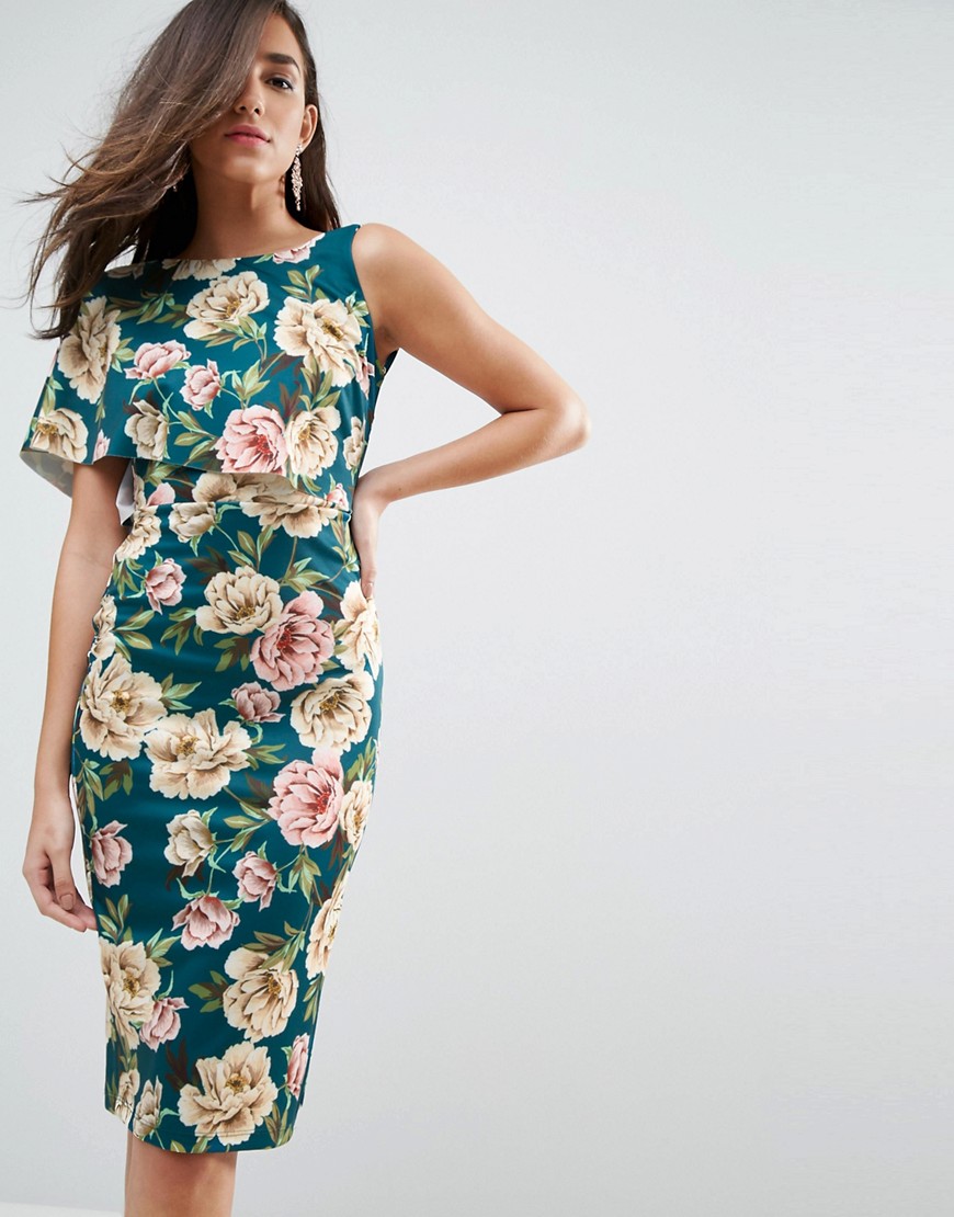ASOS Floral Asymmetric One Shoulder Cape Bodycon Midi Dress-Multi