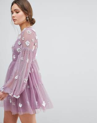 asos floral cluster embellished balloon sleeve mini dress