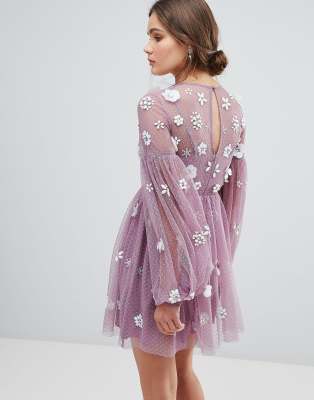 asos floral cluster embellished balloon sleeve mini dress