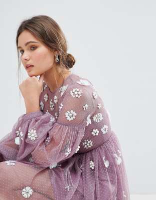 asos floral cluster embellished balloon sleeve mini dress