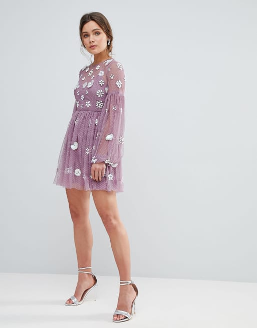 Asos floral cluster embellished balloon sleeve mini dress on sale