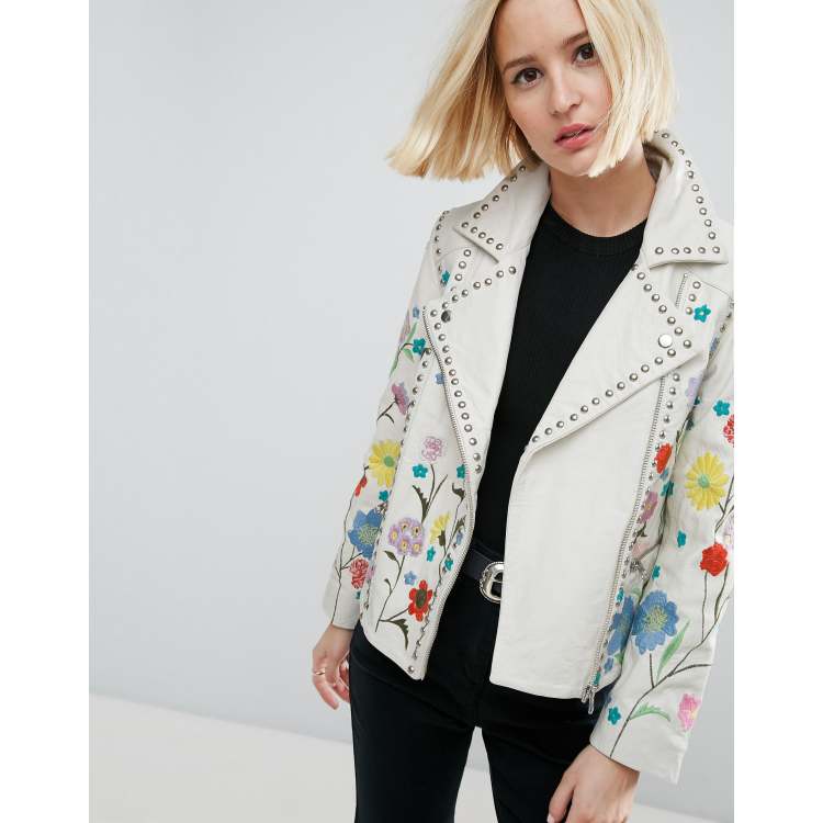 ASOS Premium Leather Biker Jacket With Floral Embroidery Black