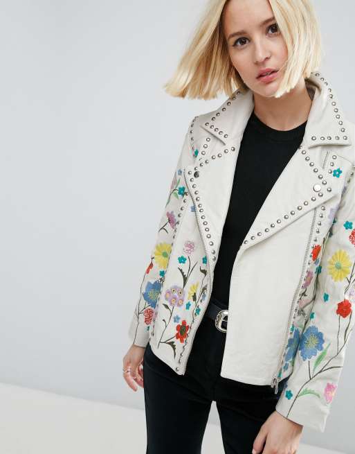 White floral leather jacket sale