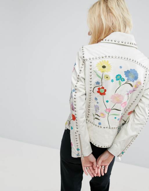 ASOS Premium Leather Biker Jacket With Floral Embroidery