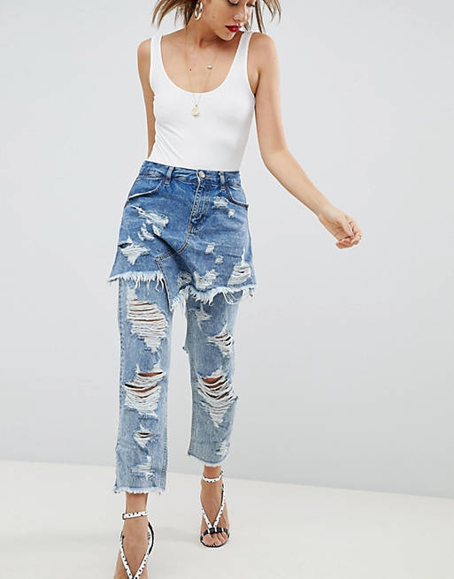 ASOS FLORENCE AUTHENTIC jeans met rechte pijpen, scheuren en rok-overlay