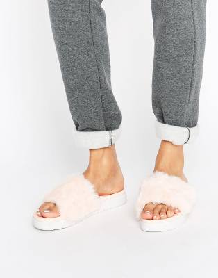 womens faux fur sliders