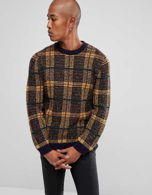 ASOS Fluffy Check Jumper In Navy And Mustard