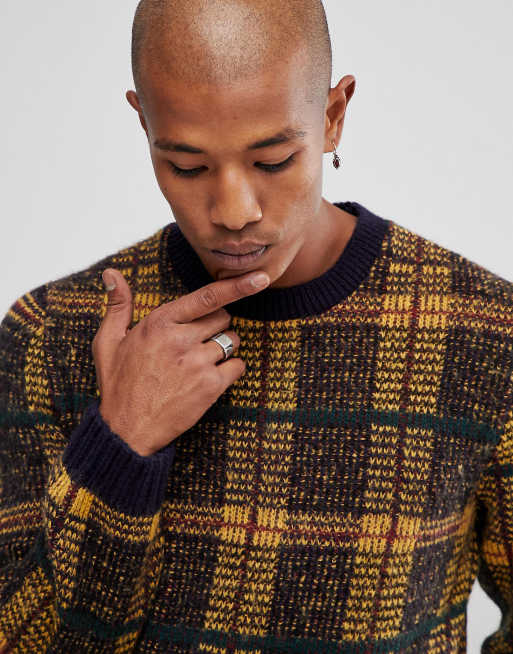 ASOS Fluffy Check Jumper In Navy And Mustard ASOS