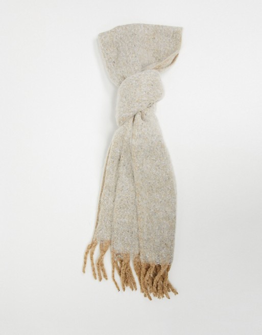 ASOS DESIGN fluffy tassel scarf in camel marl