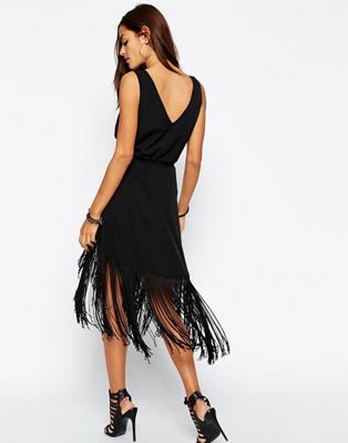 black midi fringe dress