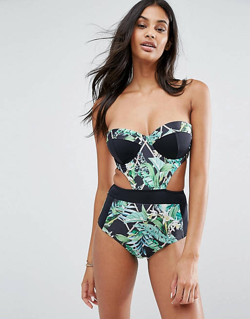 ASOS FULLER BUST Bamboo Palm Print Cupped Cut Out Swimsuit DD-G