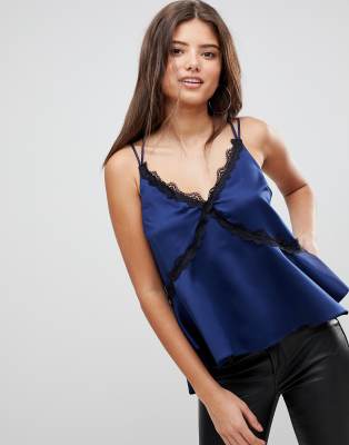 ASOS - Caraco asymétrique à lanières avec bordure en dentelle pour poitrines généreuses - Navy