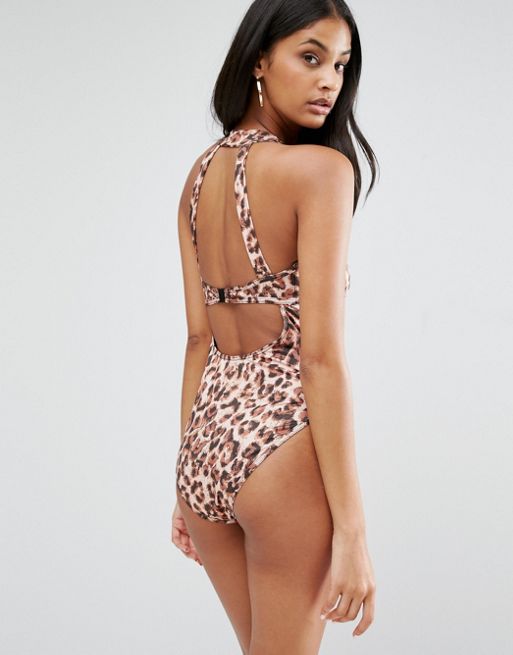 ASOS DESIGN Fuller Bust plunge rib swimsuit with lace up side detail in  leopard animal print