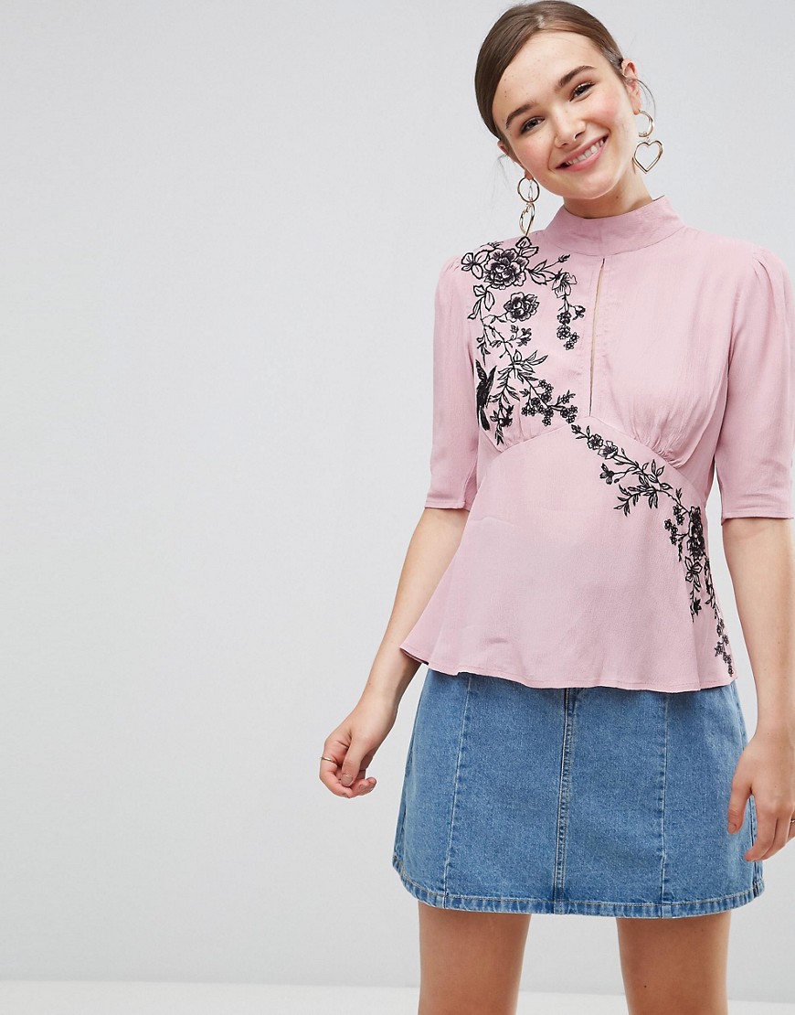 ASOS - Geborduurde blouse met pofmouwen-Roze