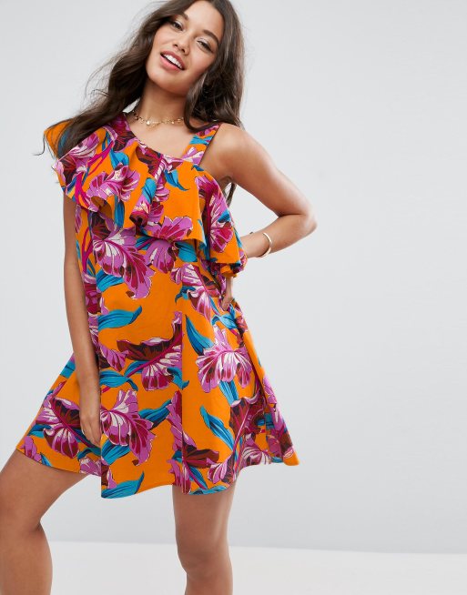 ASOS – Gerüschtes Sommerkleid mit One-Shoulder-Träger und Tropenprint in leuchtenden Farben