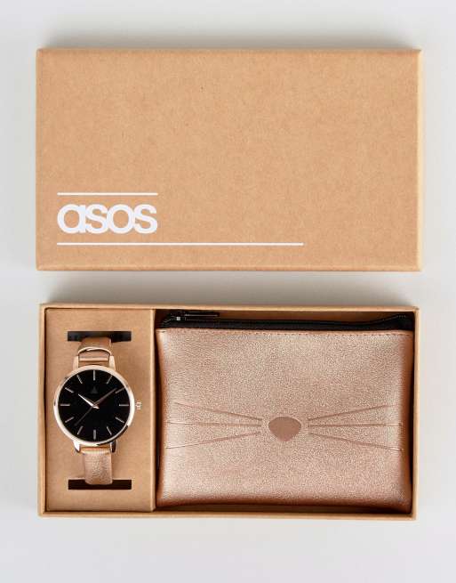 ASOS – Geschenkset mit Armbanduhr und Geldbörse mit Katzendesign
