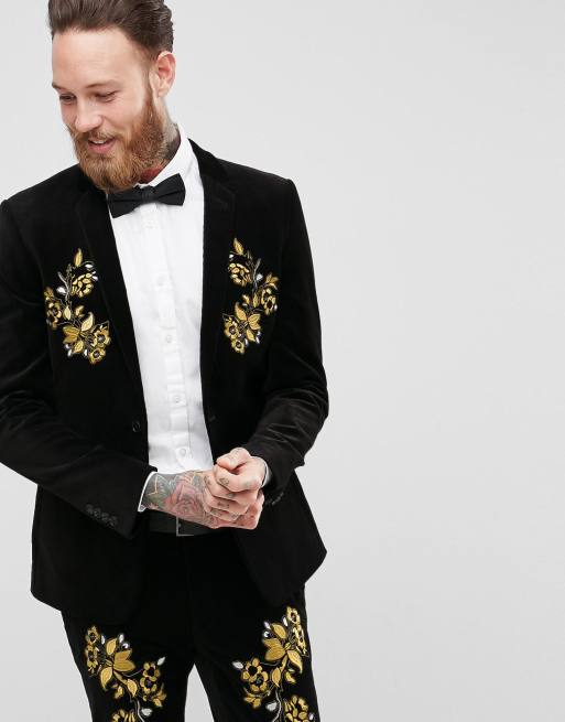 ASOS - Giacca da abito skinny nera in velluto ricamato