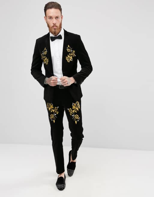 ASOS - Giacca da abito skinny nera in velluto ricamato, 4 di 4