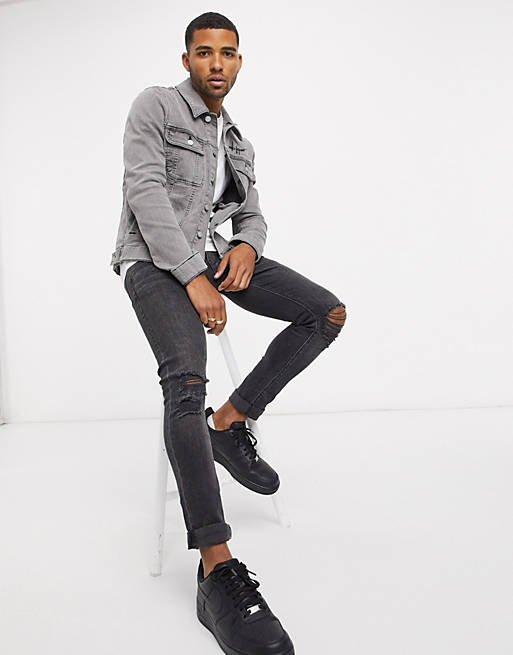 Asos dark future Uomo Abbigliamento da Giacche da Giacche casual giacca di jeans skinny grigia con ricamoASOS in Denim da Uomo colore Grigio 