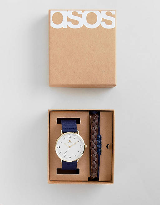 ASOS Gift Set With Watch And Bracelets In Brown And Navy