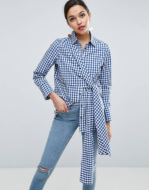 ASOS Gingham long sleeve shirt With Tie Front