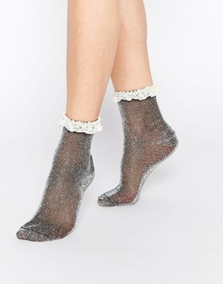 ASOS | ASOS Glitter Lace Trim Ankle Socks