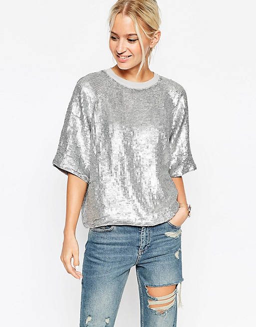 ASOS Glitter Sequin Silver Sweat T-Shirt