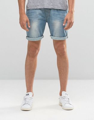 ASOS – Halvlånga jeansshorts med smal passform-Blå