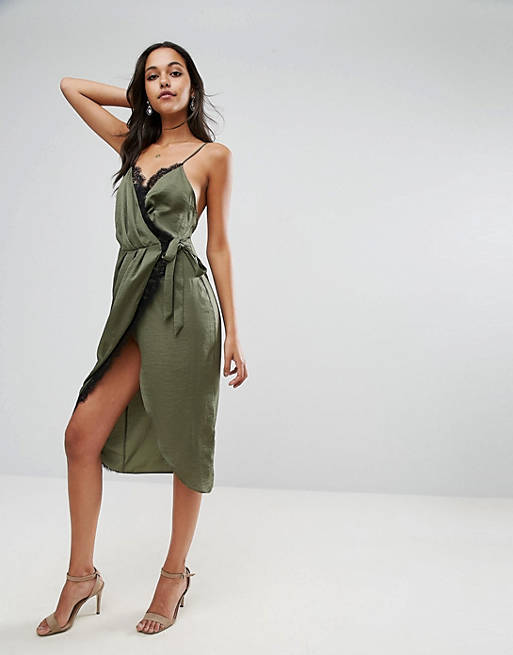 ASOS Hammered Satin Lace Trim Cami Sexy Wrap Midi Dress | ASOS