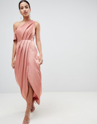 asos one shoulder midi dress in hammered satin