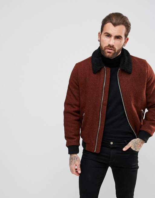 ASOS Harris Tweed Bomber Jacket in Rust Melange | ASOS