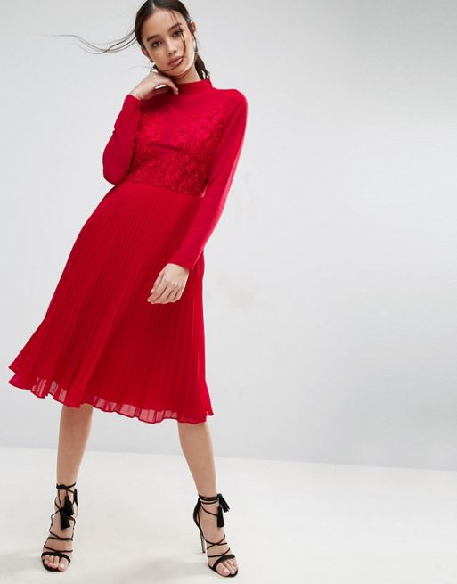 ASOS | ASOS High Neck and Lace Insert Pleated Midi Dress