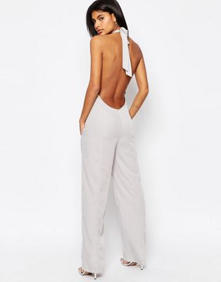 ASOS Backless Jumpsuit With High Neck And Tassle Back in White