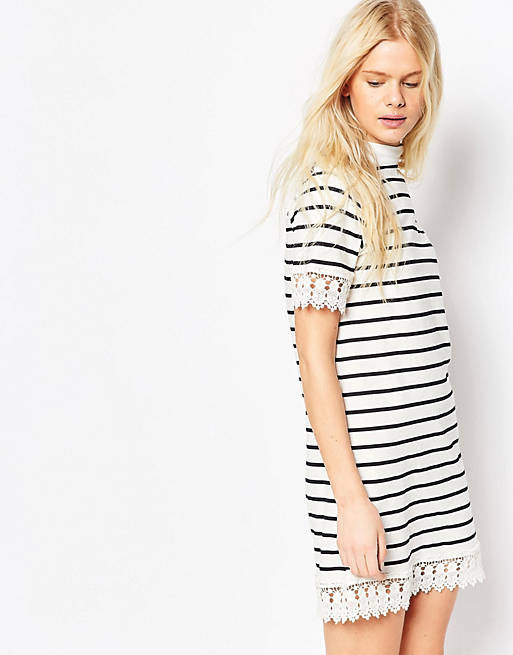 ASOS High Neck Dress In Stripe Print With Lace Trim