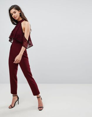 ASOS High Neck Lace Top Jumpsuit with Contrast Binding-Red