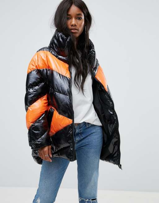 ASOS High Shine Puffer Jacket in Colourblock | ASOS