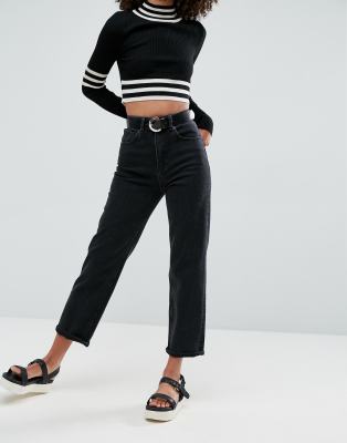 black high rise straight leg jeans