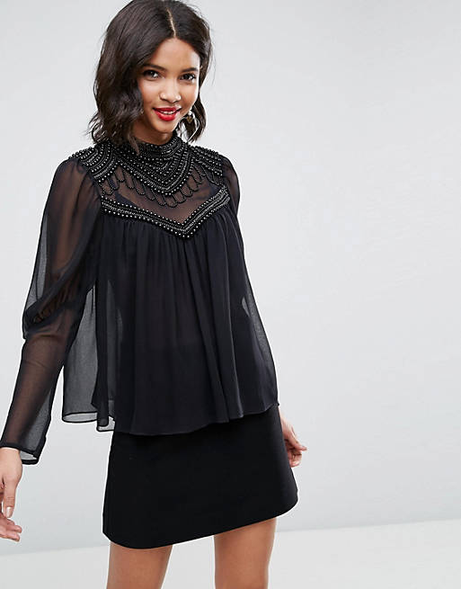 ASOS Historical Blouse with High Neck Pearl Detail