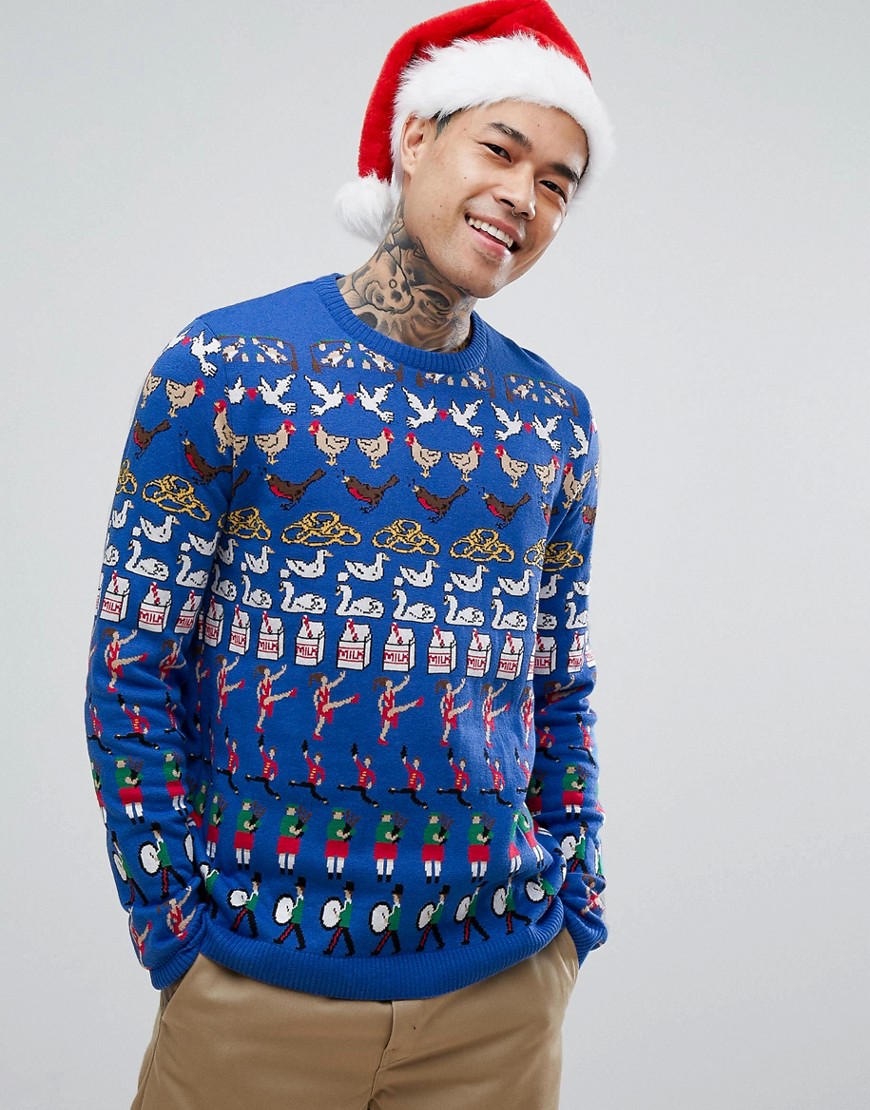 Asos Design Asos Holidays Sweater With All Over Design In Cobalt-multi
