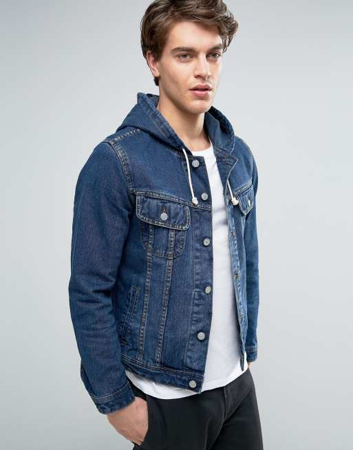 Men's Hooded Denim Jacket in Mid Blue