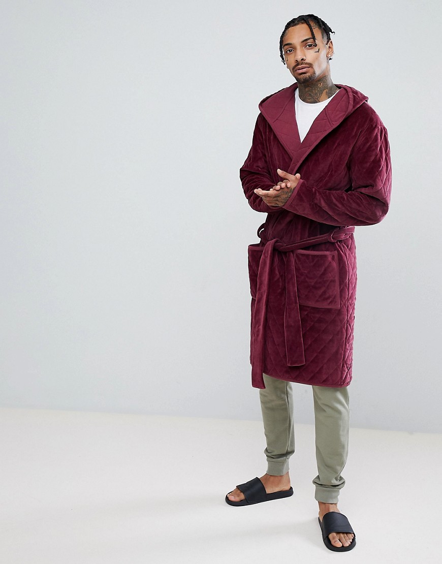 ASOS Hooded Dressing Gown Quilted In Velour-Red