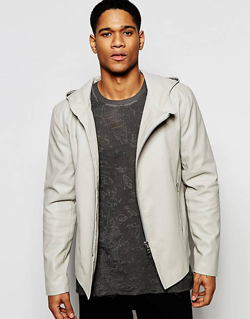 ASOS Hooded Faux Leather Jacket In Stone | ASOS
