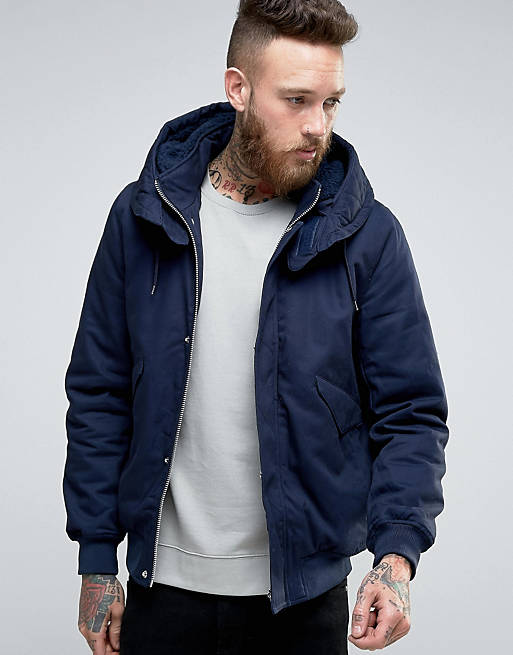 ASOS Hooded Jacket With Borg Lined Hood In Navy | ASOS