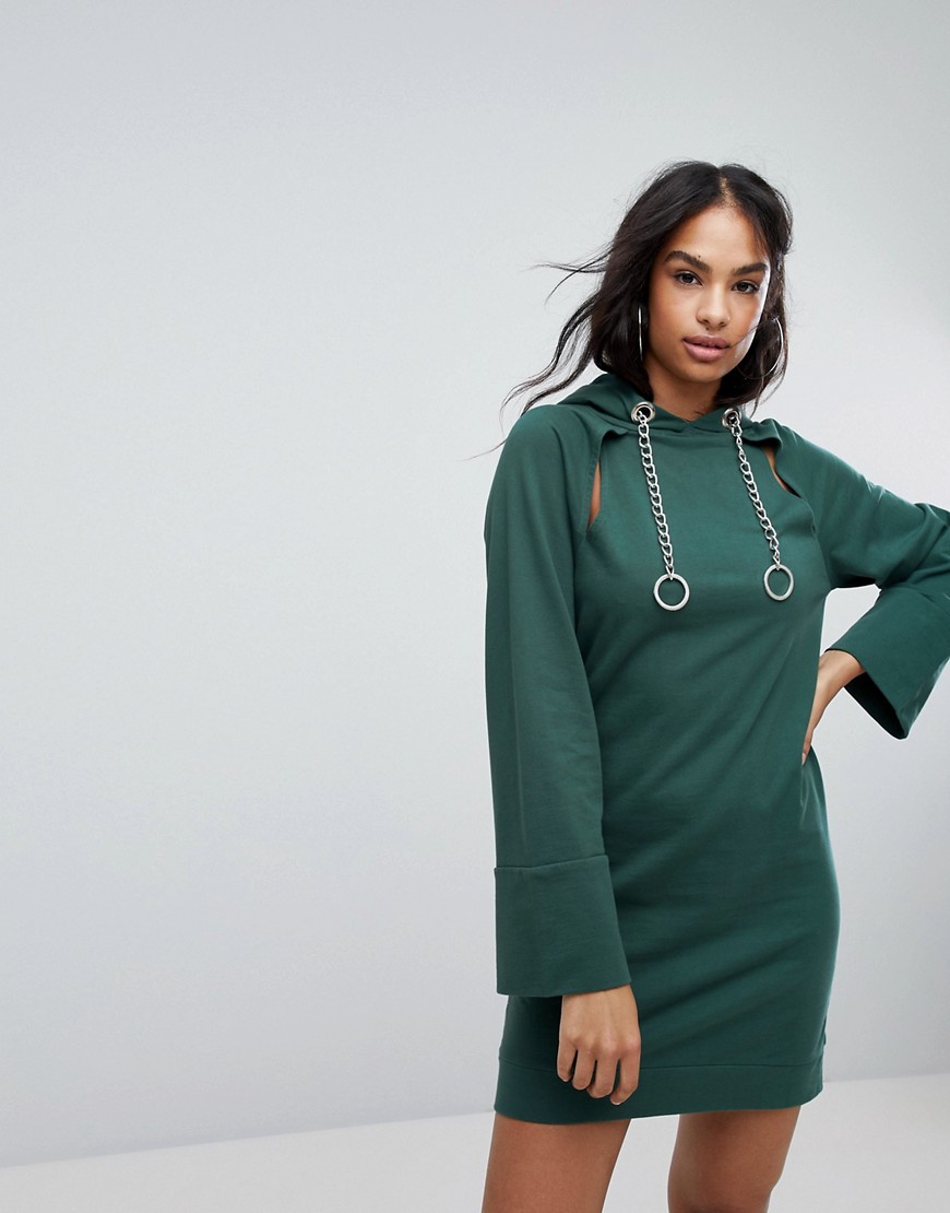 ASOS Hooded Mini Sweat Dress With Chains And Cut Outs-Green
